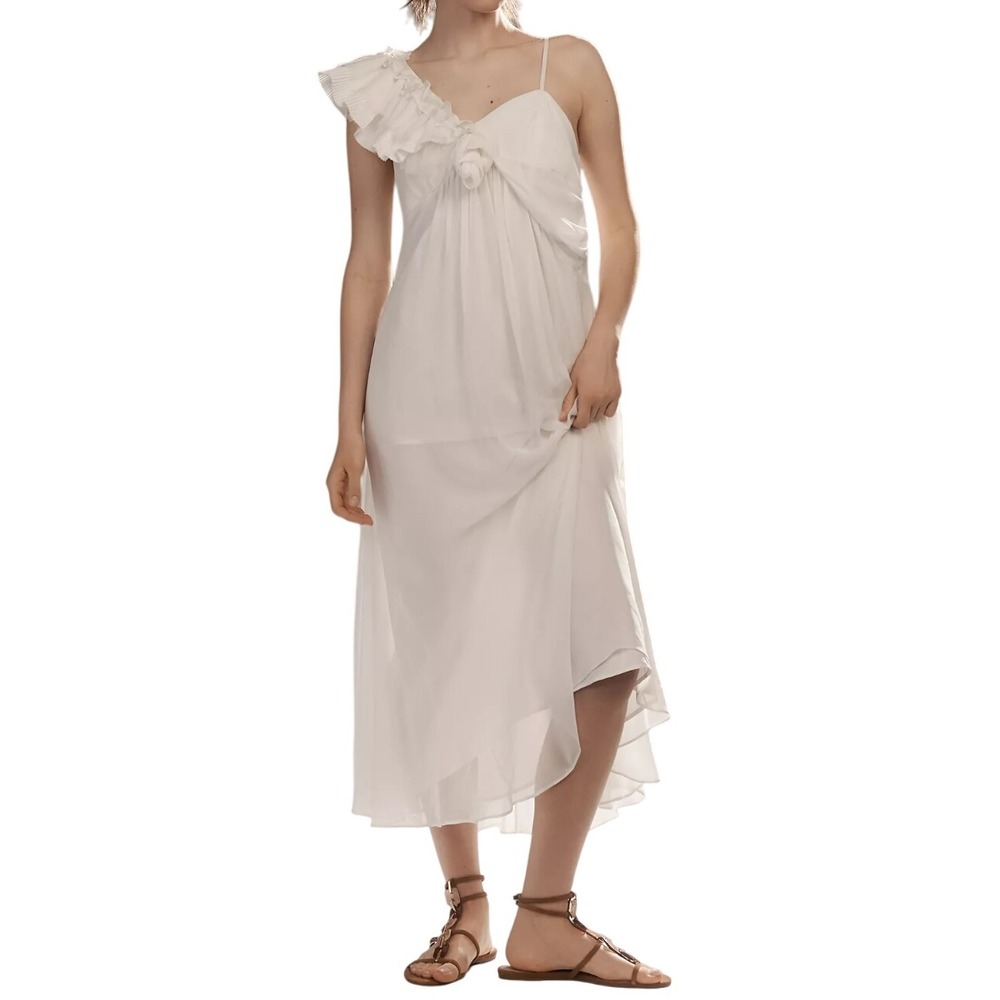 LET ME BE White Midi‎ Dress Asymmetric 3D Floral Sz M, L Side Zip Romantic Boho